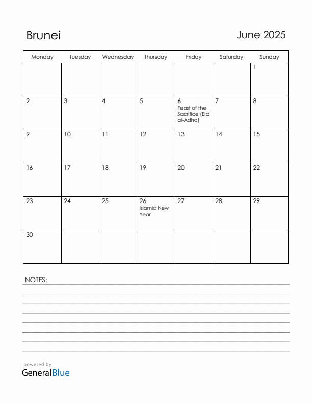 June 2025 Brunei Calendar with Holidays (Monday Start)