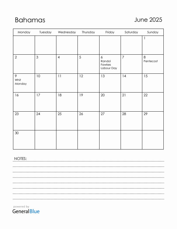 June 2025 Bahamas Calendar with Holidays (Monday Start)