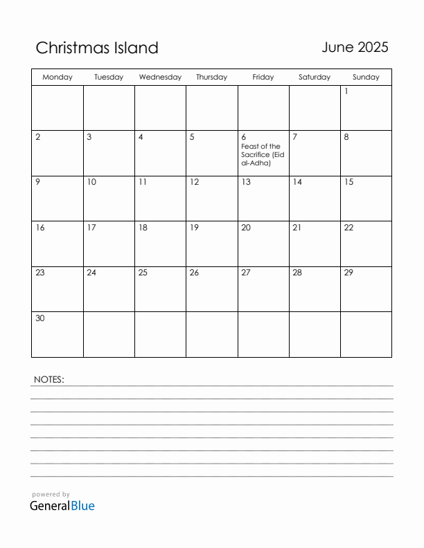 June 2025 Christmas Island Calendar with Holidays (Monday Start)