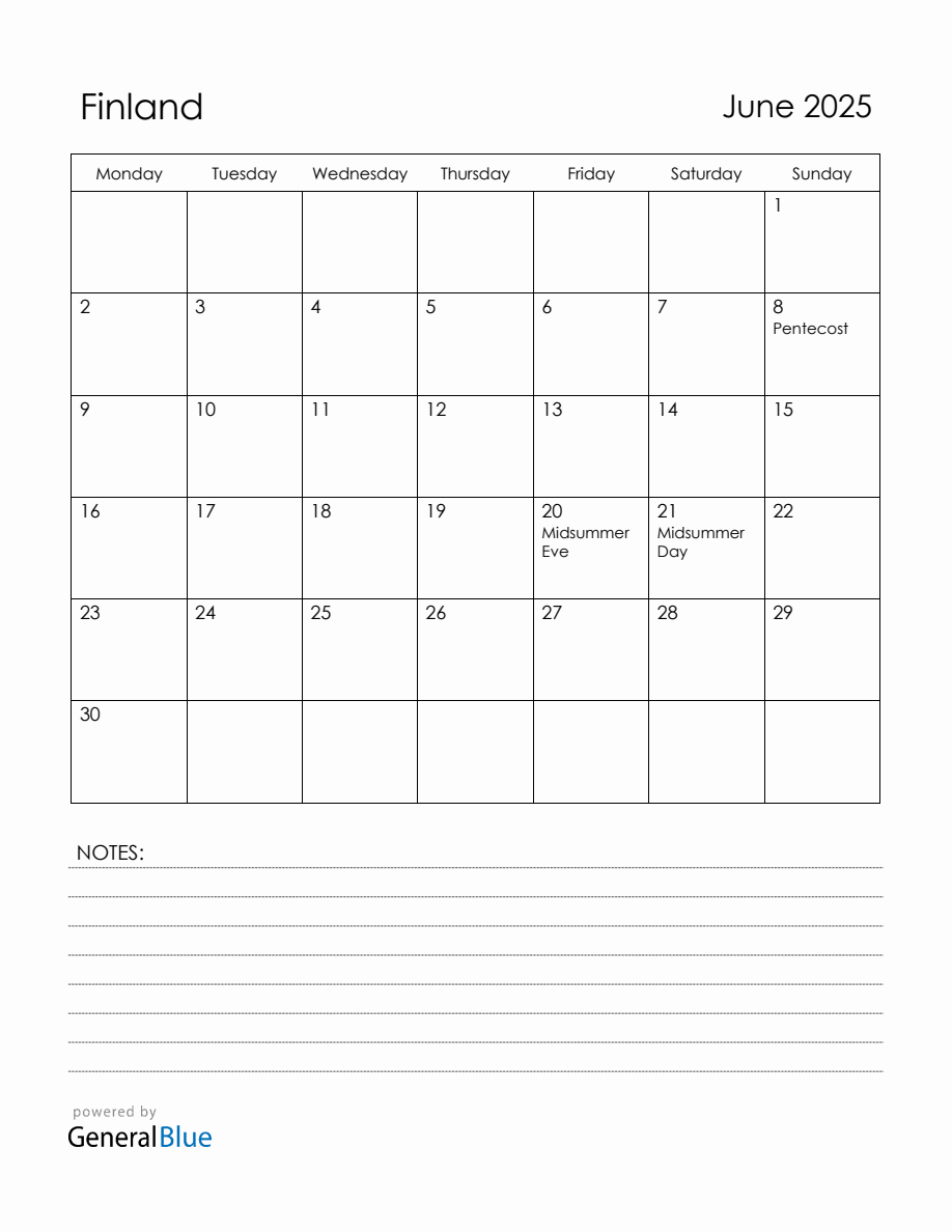 June 2025 Finland Calendar with Holidays