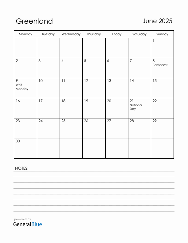 June 2025 Greenland Calendar with Holidays (Monday Start)