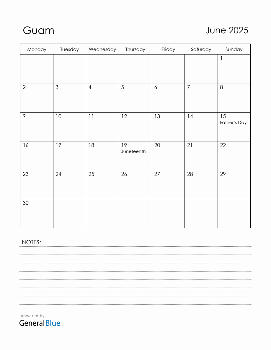 June 2025 Guam Calendar with Holidays