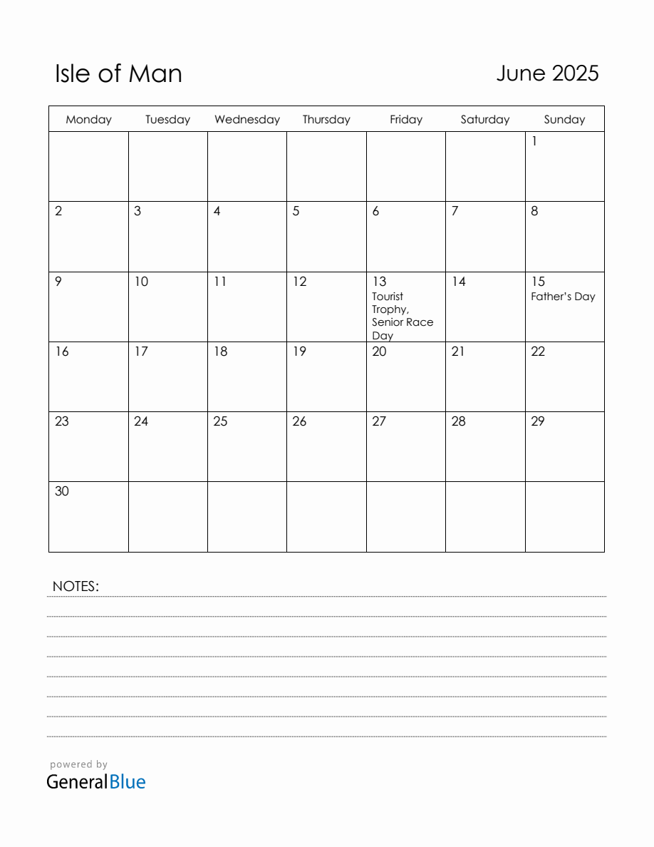 June 2025 Isle of Man Calendar with Holidays