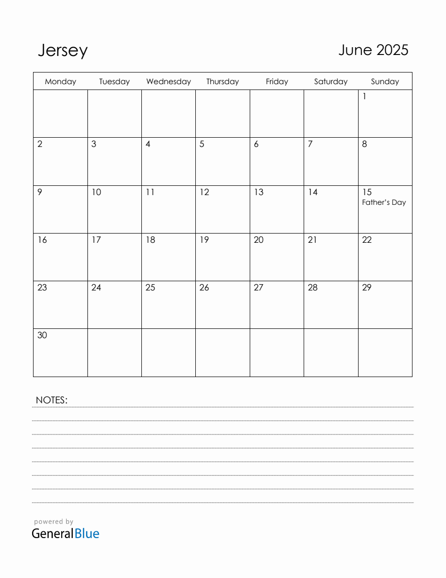 June 2025 Jersey Calendar with Holidays