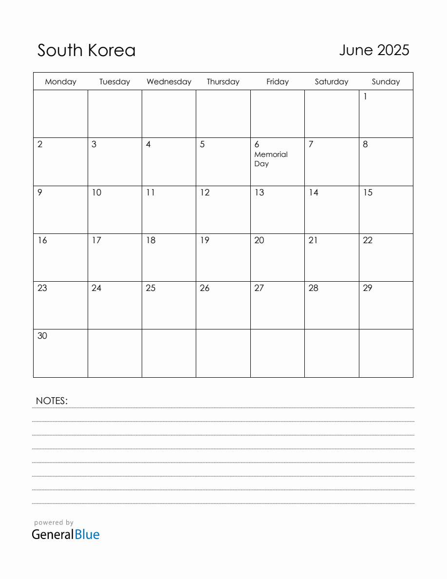 June 2025 South Korea Calendar with Holidays