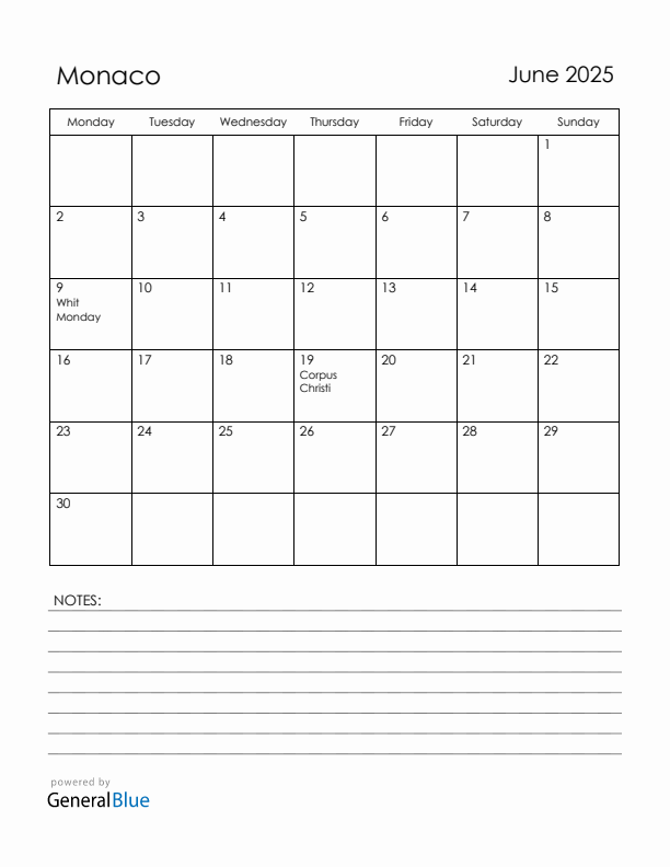 June 2025 Monaco Calendar with Holidays (Monday Start)