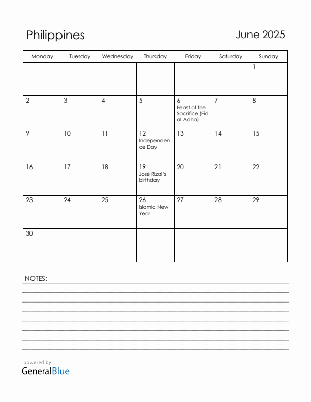 June 2025 Philippines Calendar with Holidays (Monday Start)