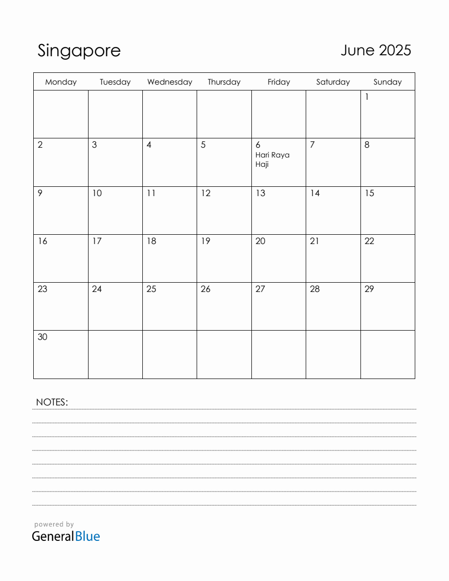June 2025 Singapore Calendar with Holidays