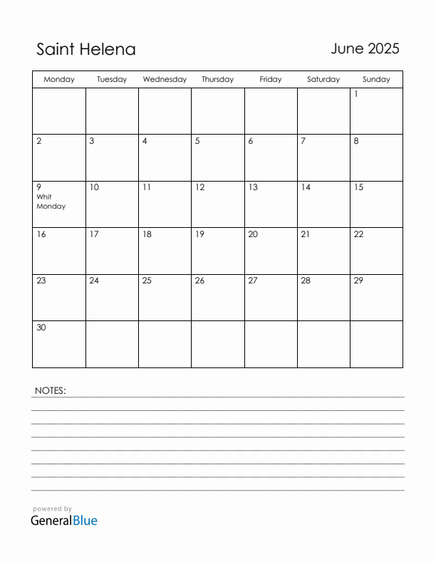 June 2025 Saint Helena Calendar with Holidays (Monday Start)