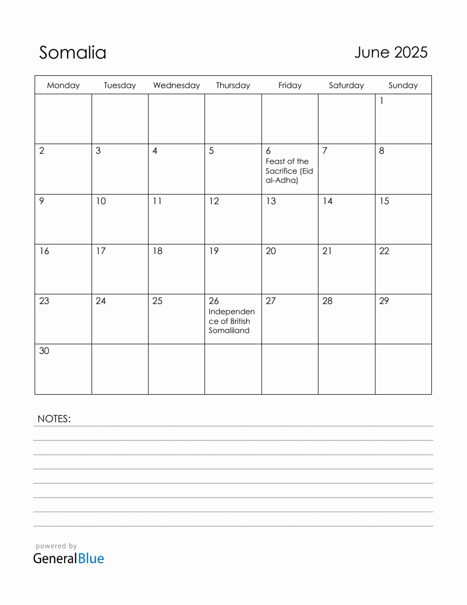 June 2025 Somalia Calendar with Holidays