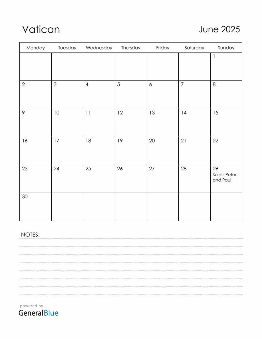 June 2025 Vatican Calendar with Holidays