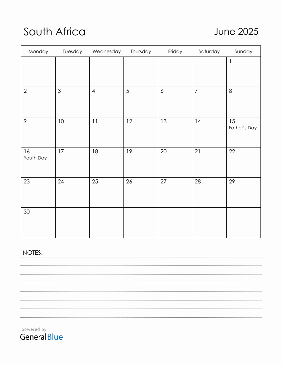 June 2025 South Africa Calendar with Holidays