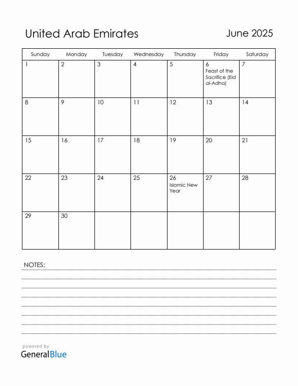 June 2025 United Arab Emirates Calendar with Holidays (Sunday Start)
