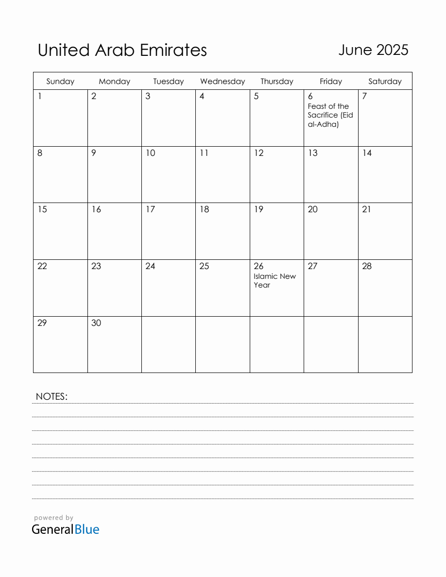 June 2025 United Arab Emirates Calendar with Holidays