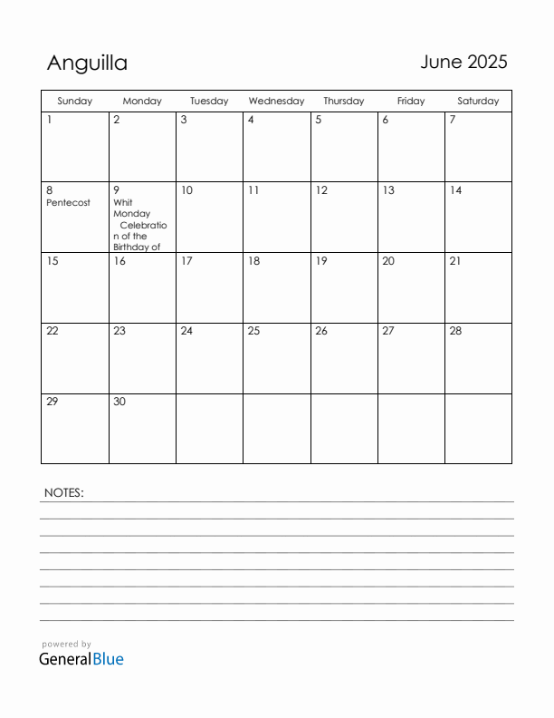 June 2025 Anguilla Calendar with Holidays (Sunday Start)