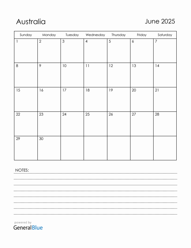 June 2025 Australia Calendar with Holidays (Sunday Start)