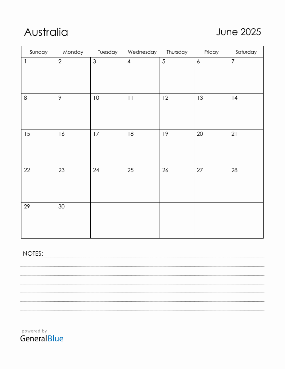 June 2025 Australia Calendar with Holidays