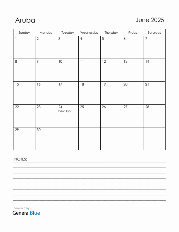 June 2025 Aruba Calendar with Holidays (Sunday Start)