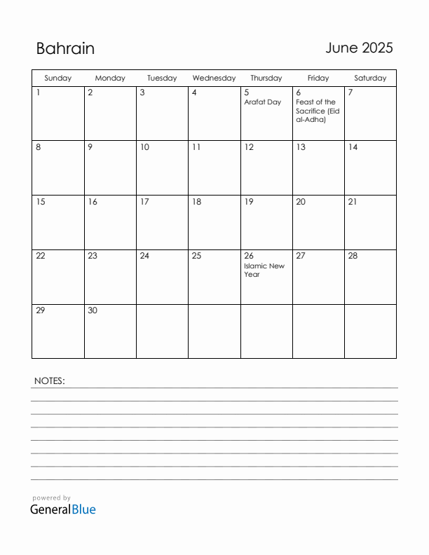 June 2025 Bahrain Calendar with Holidays (Sunday Start)