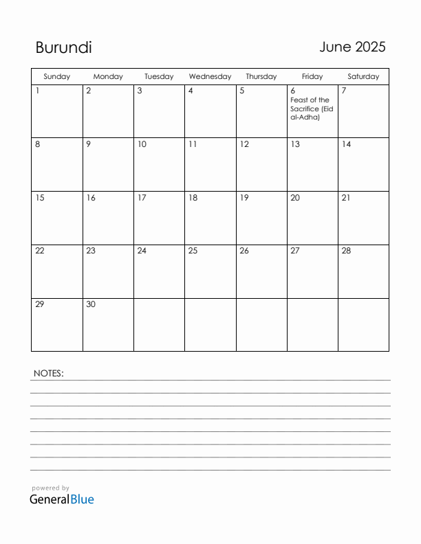 June 2025 Burundi Calendar with Holidays (Sunday Start)