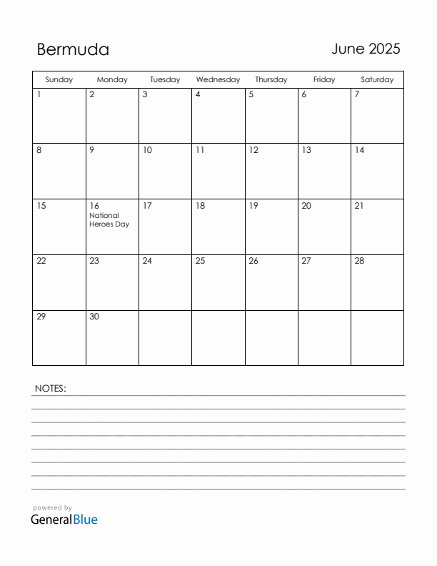June 2025 Bermuda Calendar with Holidays (Sunday Start)