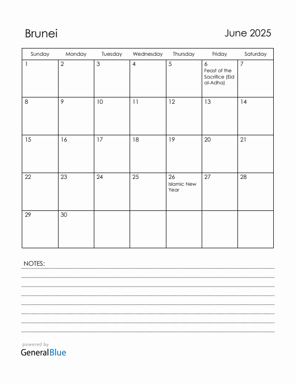 June 2025 Brunei Calendar with Holidays (Sunday Start)