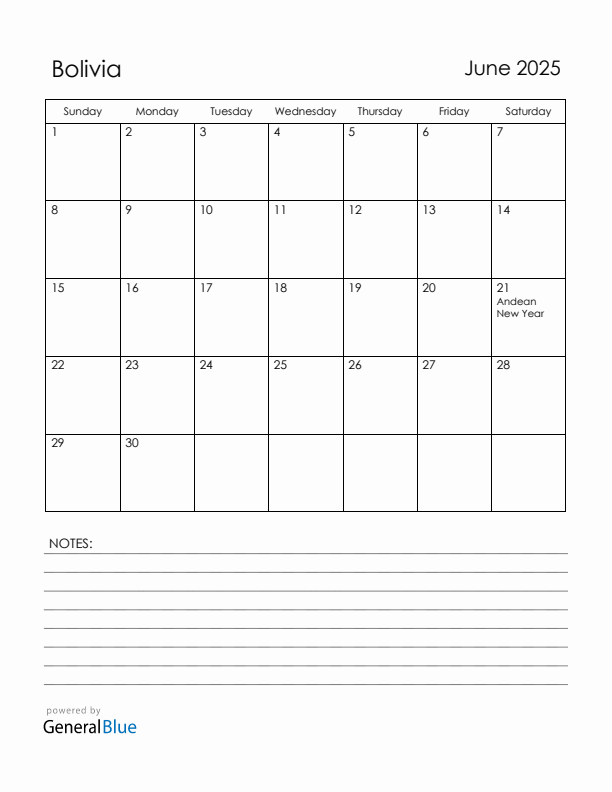 June 2025 Bolivia Calendar with Holidays (Sunday Start)