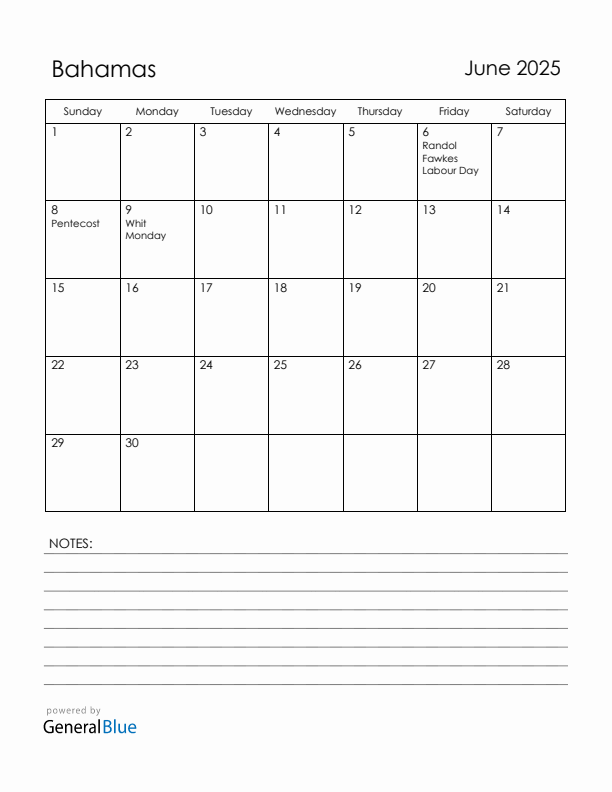 June 2025 Bahamas Calendar with Holidays (Sunday Start)