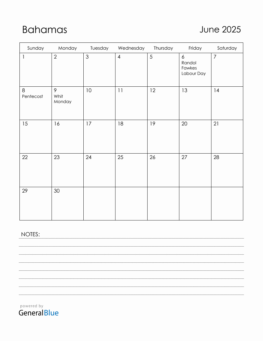 June 2025 Bahamas Calendar with Holidays