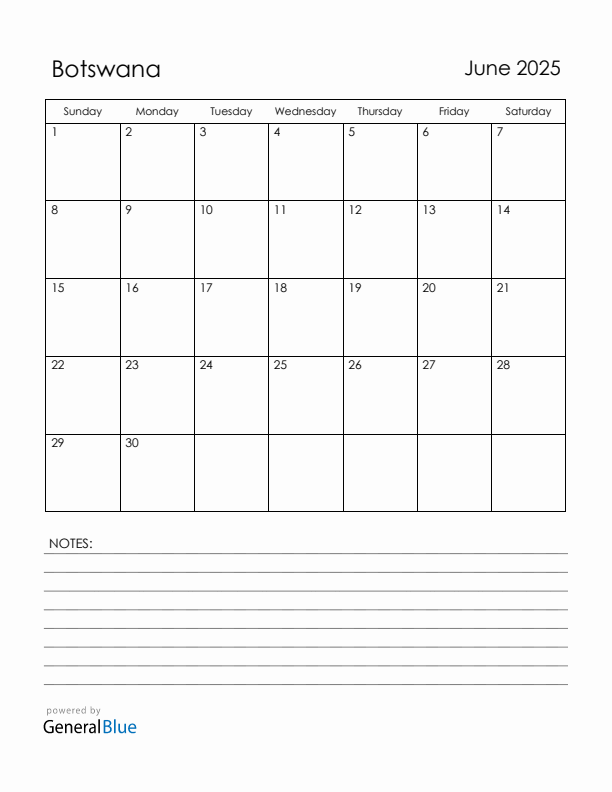 June 2025 Botswana Calendar with Holidays (Sunday Start)