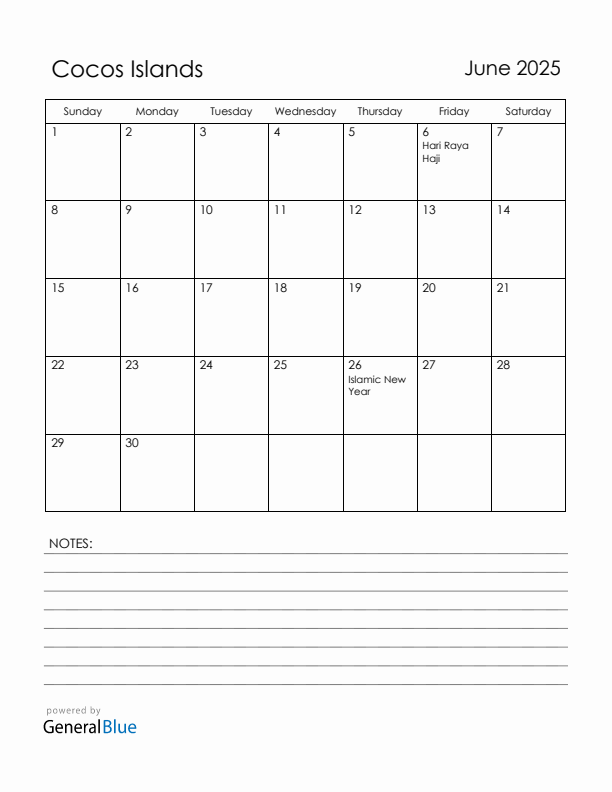 June 2025 Cocos Islands Calendar with Holidays (Sunday Start)