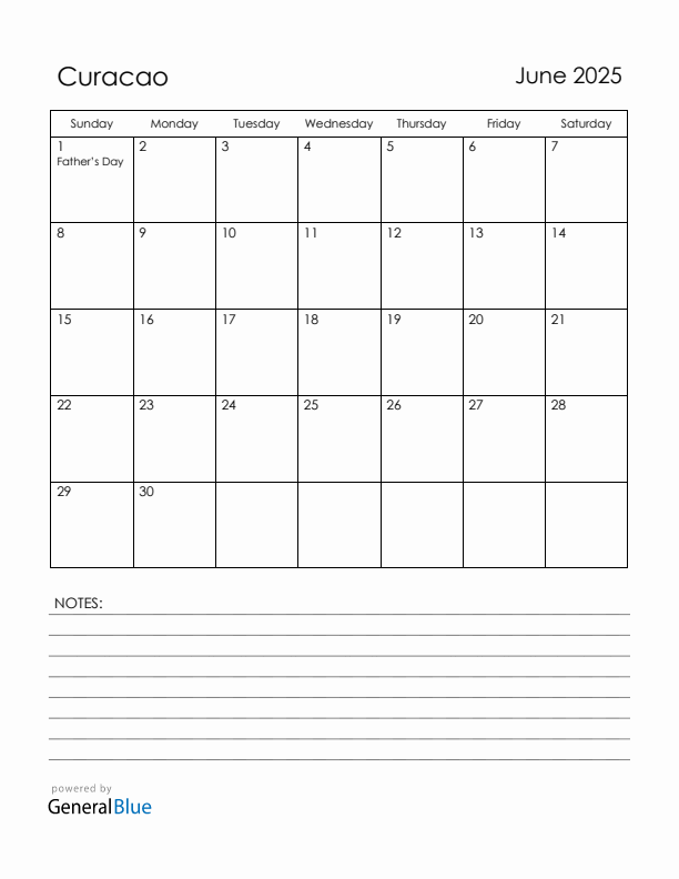 June 2025 Curacao Calendar with Holidays (Sunday Start)