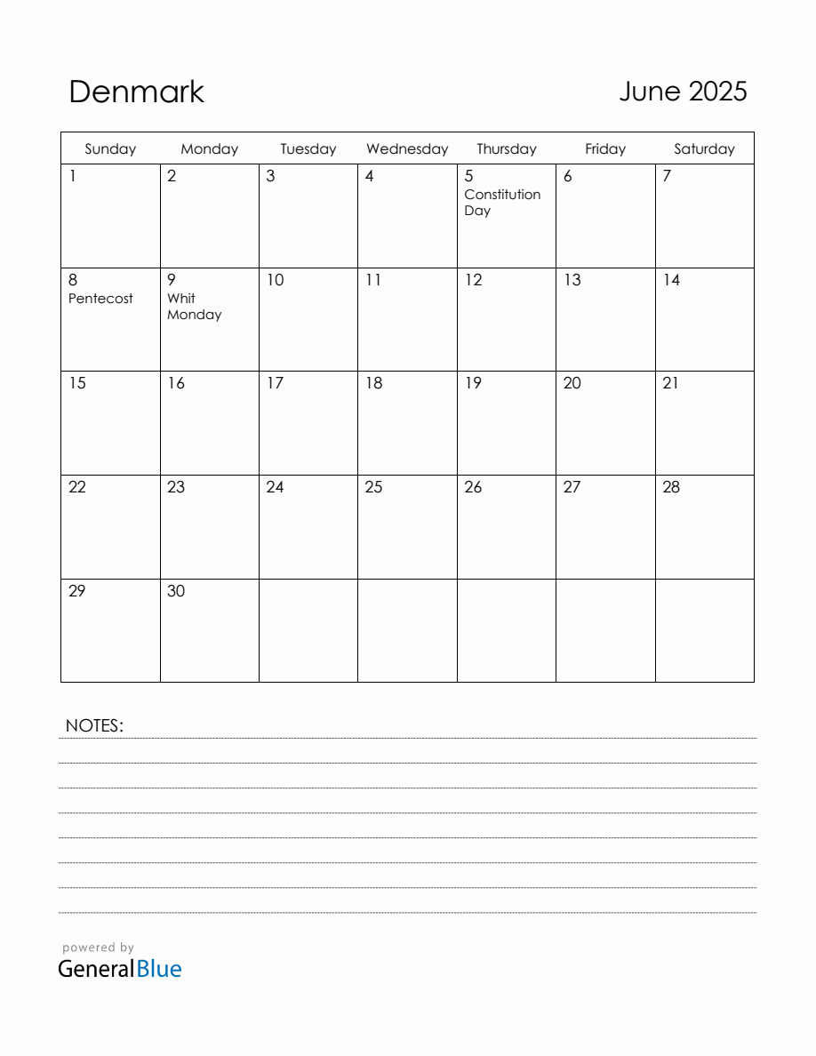 June 2025 Denmark Calendar with Holidays