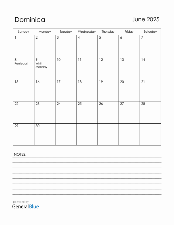 June 2025 Dominica Calendar with Holidays (Sunday Start)