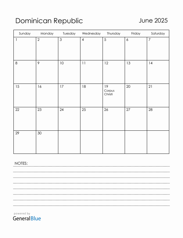 June 2025 Dominican Republic Calendar with Holidays (Sunday Start)
