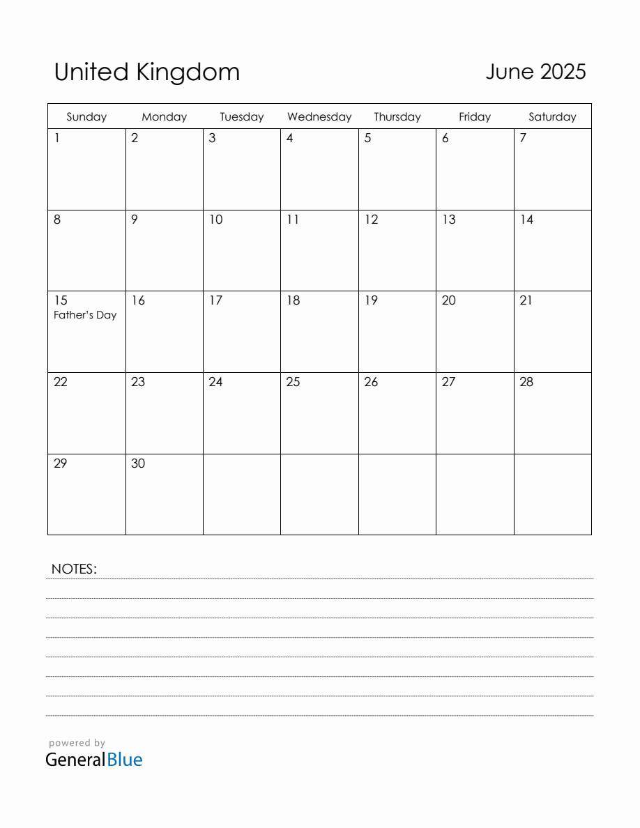 June 2025 United Kingdom Calendar with Holidays