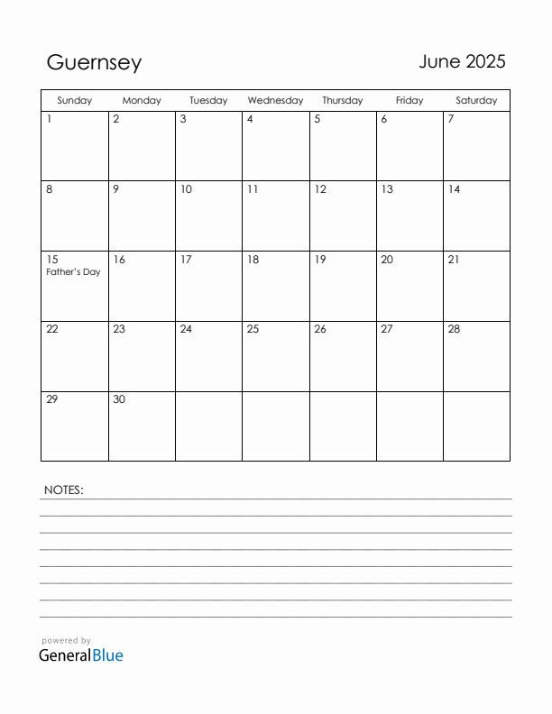 June 2025 Guernsey Calendar with Holidays (Sunday Start)