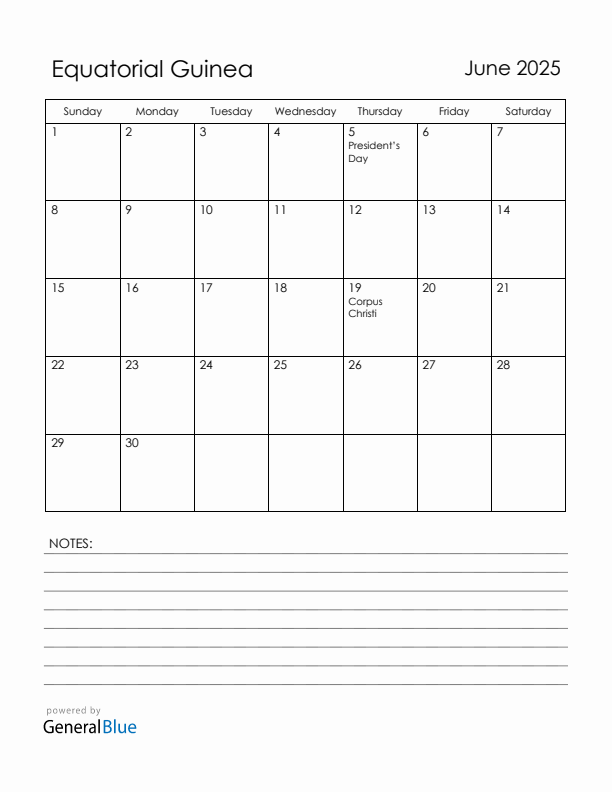 June 2025 Equatorial Guinea Calendar with Holidays (Sunday Start)