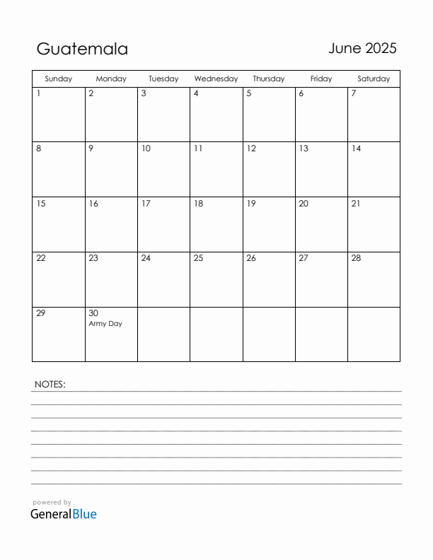 June 2025 Guatemala Calendar with Holidays (Sunday Start)