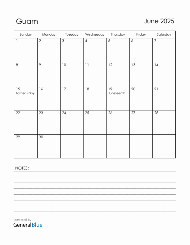 June 2025 Guam Calendar with Holidays (Sunday Start)