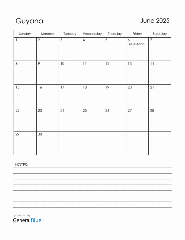 June 2025 Guyana Calendar with Holidays (Sunday Start)