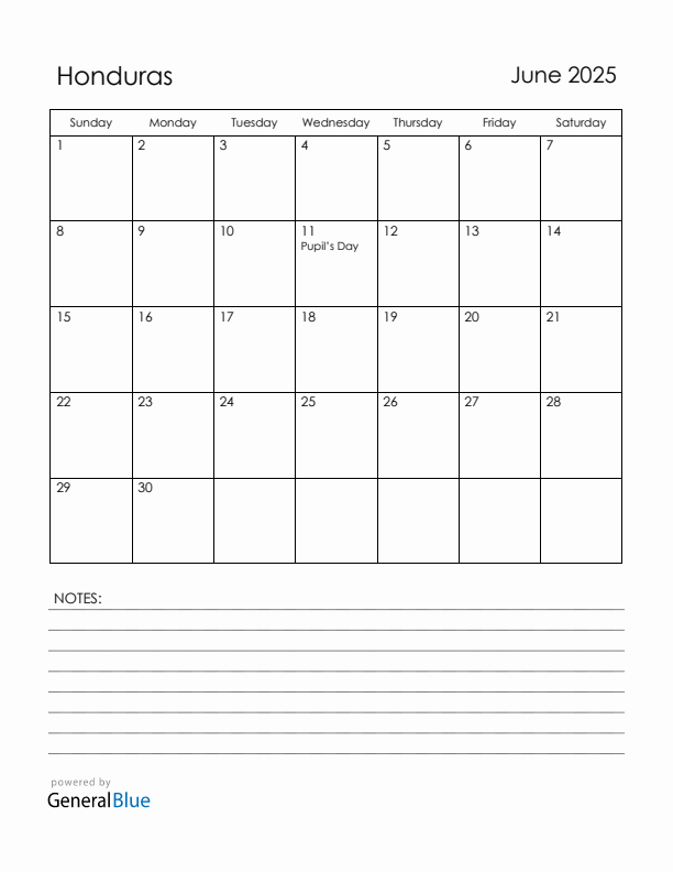 June 2025 Honduras Calendar with Holidays (Sunday Start)