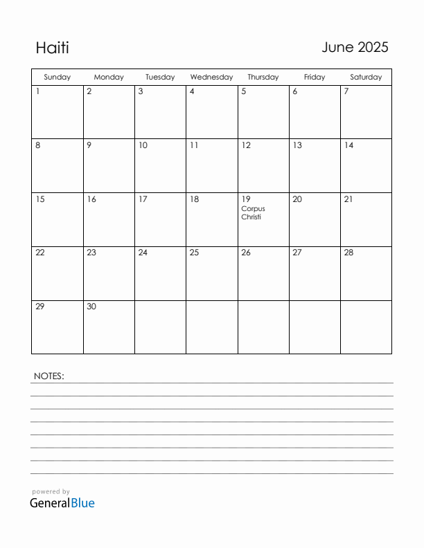 June 2025 Haiti Calendar with Holidays (Sunday Start)