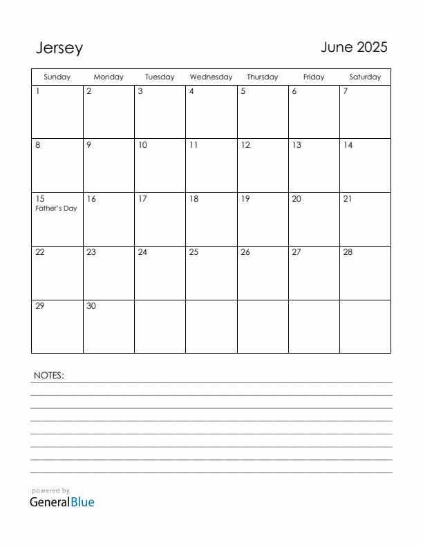 June 2025 Jersey Calendar with Holidays (Sunday Start)