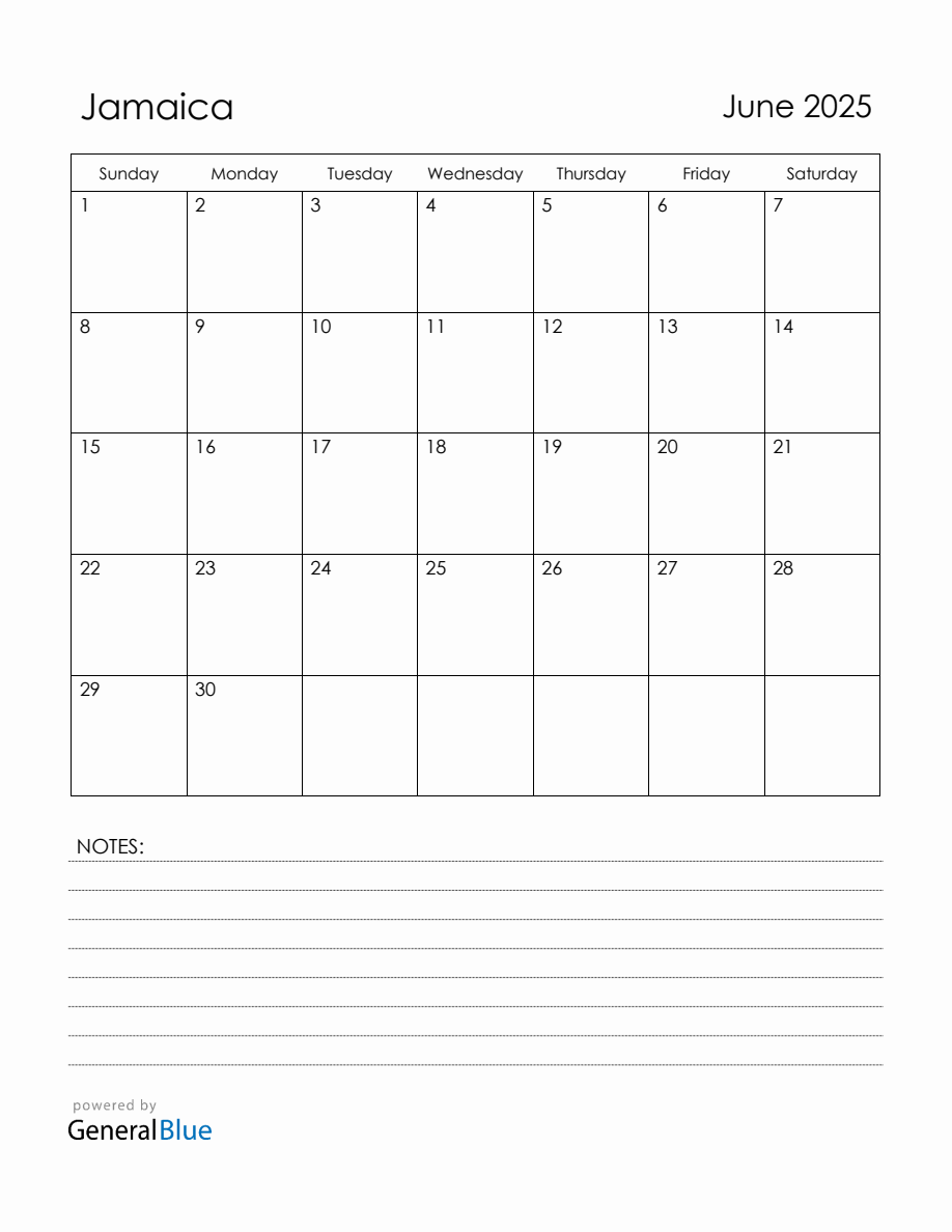 June 2025 Jamaica Calendar with Holidays