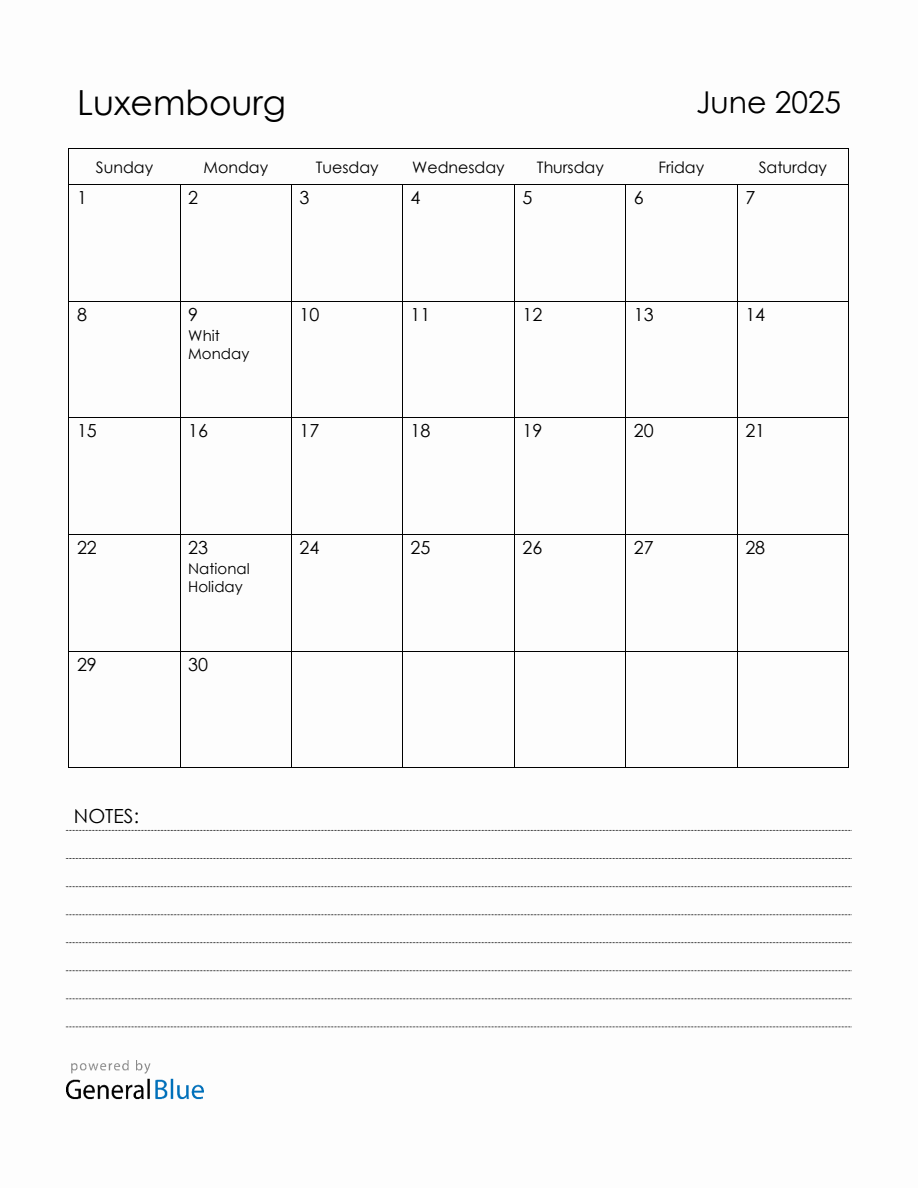 June 2025 Luxembourg Calendar with Holidays