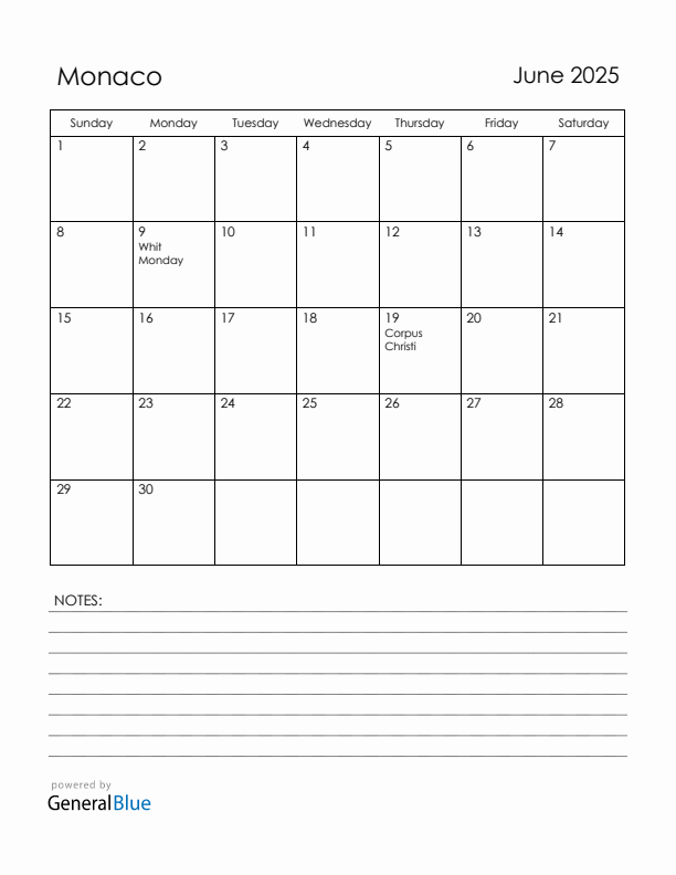 June 2025 Monaco Calendar with Holidays (Sunday Start)