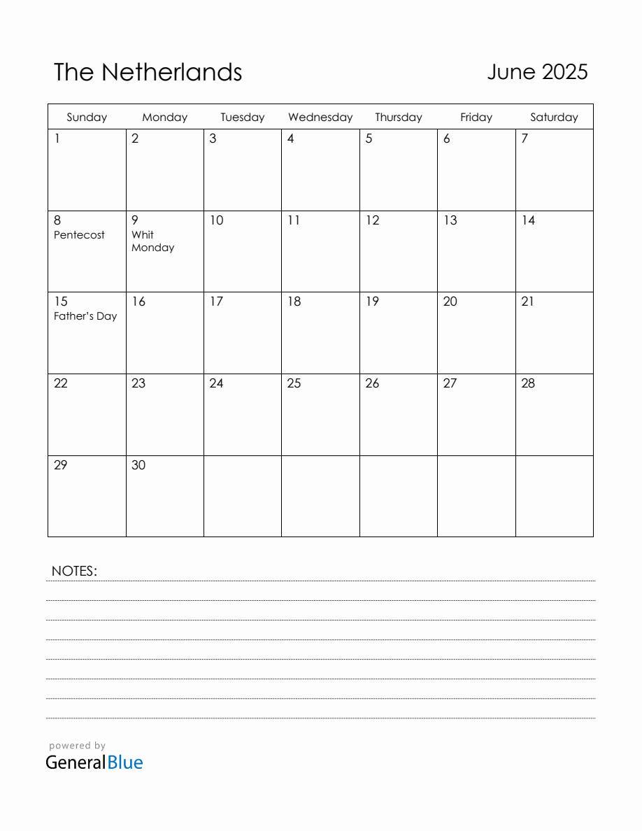 June 2025 Netherlands Calendar with Holidays