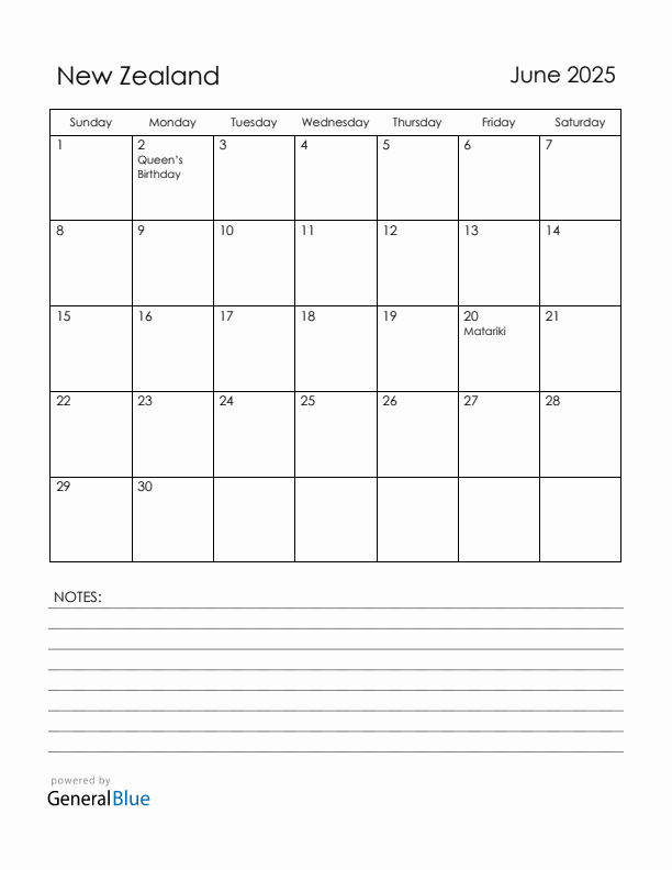 June 2025 New Zealand Calendar with Holidays (Sunday Start)