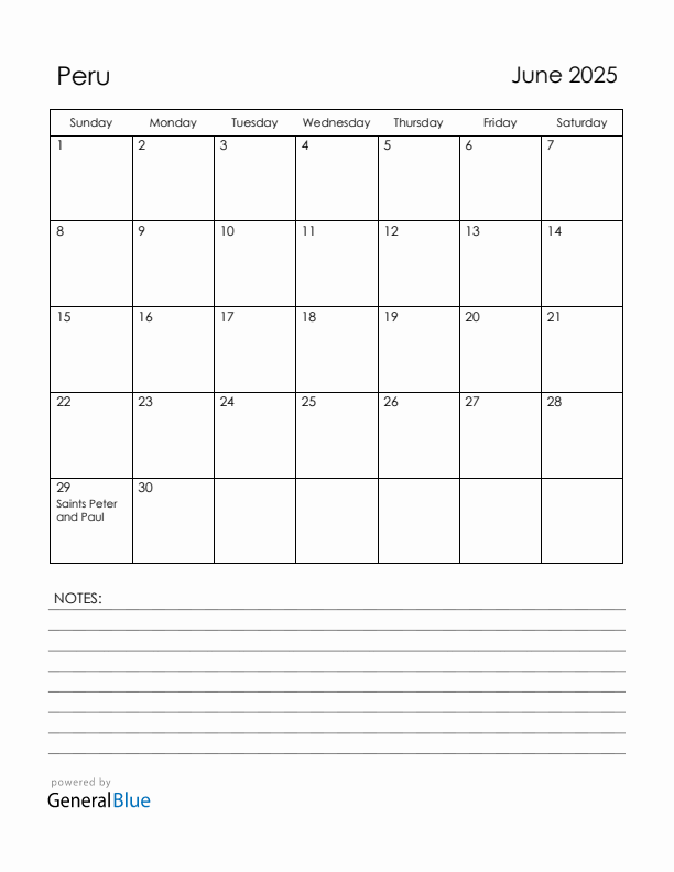 June 2025 Peru Calendar with Holidays (Sunday Start)